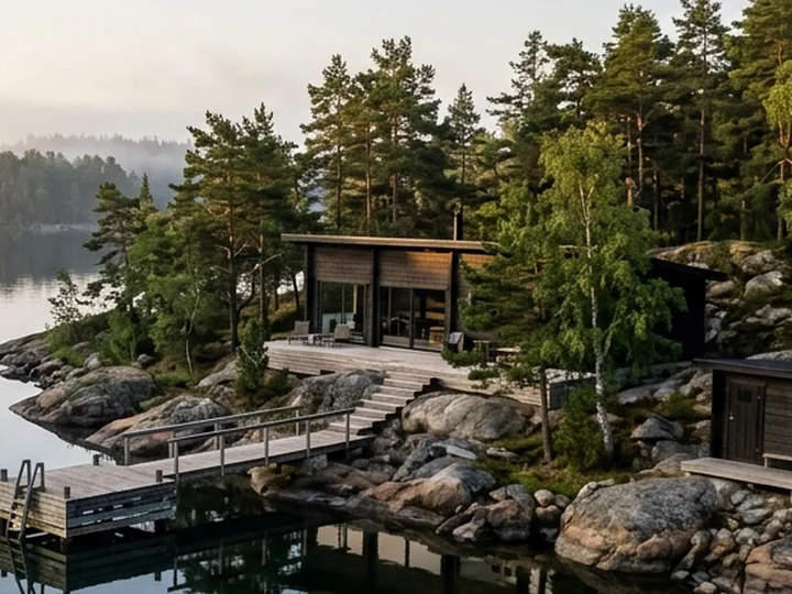 Illustrativ stuga vid vatten bland tallarna