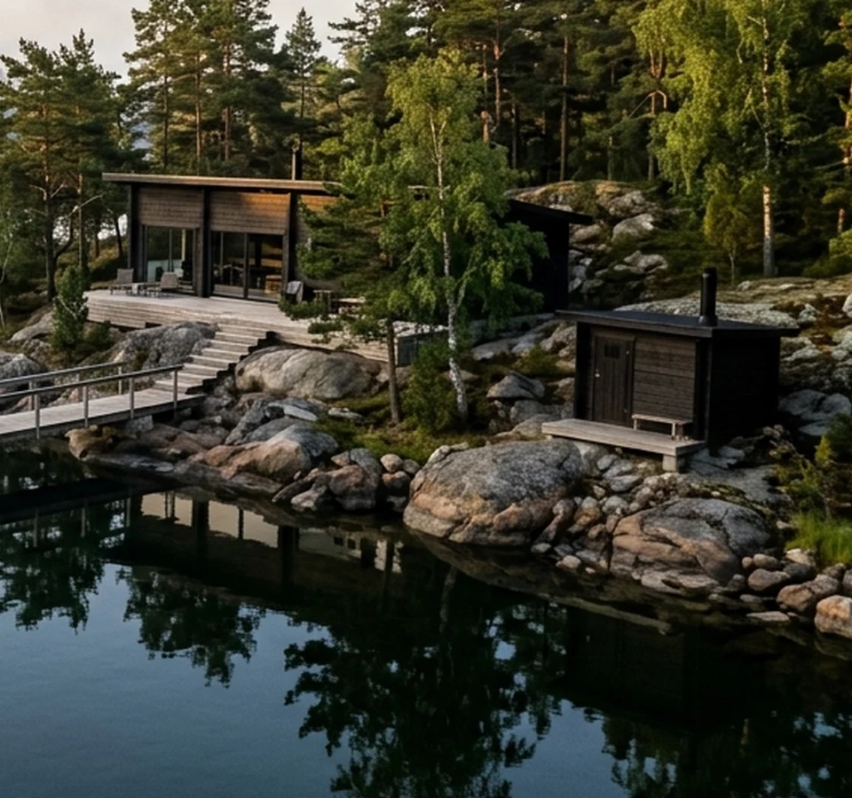 Illustrativ nordisk bastu och brygga vid en stilla vik