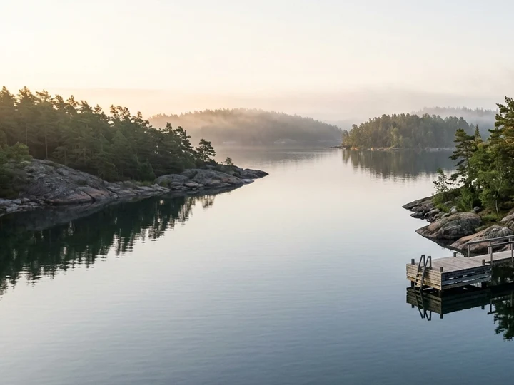 Illustrativ skandinavisk natur med öar och strand